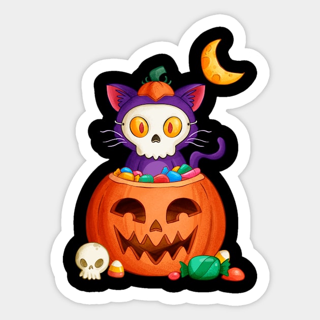 Halloween Cat Skull Cute halloween kitten for kids & adults Sticker by FunnyUSATees